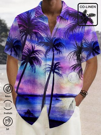  Cotton Hemp Coconut Tree Sunset Beach Hawaiian Button Shirt