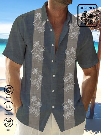 Cotton Linen Vintage Bowling Coconut Tree Chambray Men's Vacation Hawaiian Big and Tall Aloha Shirt