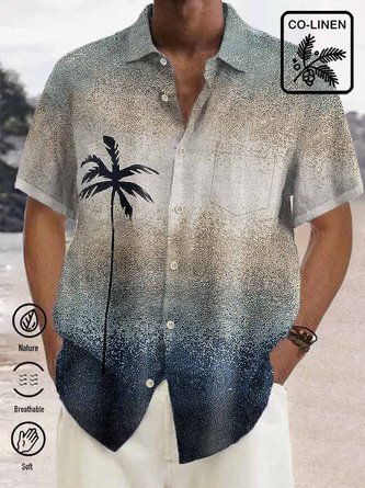 Cotton hemp coconut tree gradient men's Hawaiian button shirt
