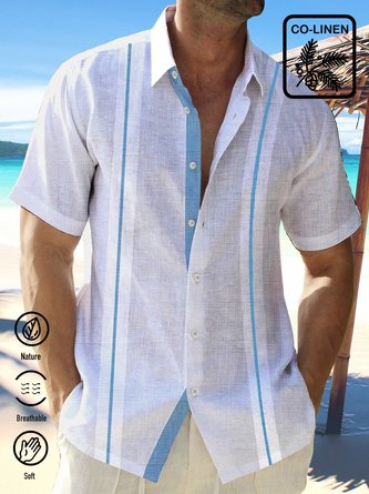 Cotton Linen Basic Casual Stripe Men's Vacation Hawaiian Big and Tall Aloha Shirt