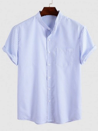 Short Sleeve Vertical Stripe Pocket Office Shirt