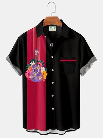 Hawaiian guitar flower vintage bowling men's pocket button shirt