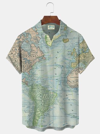 Earth Day Map Print Men's Vacation Hawaiian Big and Tall Aloha Shirt