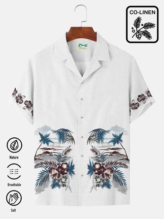 Royaura Casual Coconut Tree Hibiscus Flower Cotton-Linen Breathable Natural Men's Hawaiian Plus Size Aloha Shirts