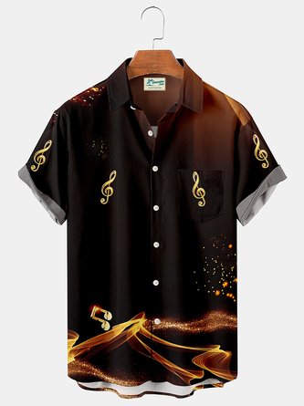 Royaura Music Note Flame Aurora Men's Pocket Button Shirt