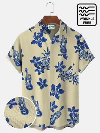 Floral Fruit Pineapple Guitar Print Beach Men's Vacation Hawaiian Big and Tall Aloha Wrinkle-Free Shirt
