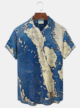Royaura Florida Map Island Print Beach Men's Vacation Hawaiian Big and Tall Aloha Shirt