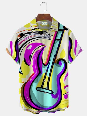 Royaura Musical Guitar Psychedelic Ombre Print Beach Men's Vacation Hawaiian Big and Tall Aloha Shirt