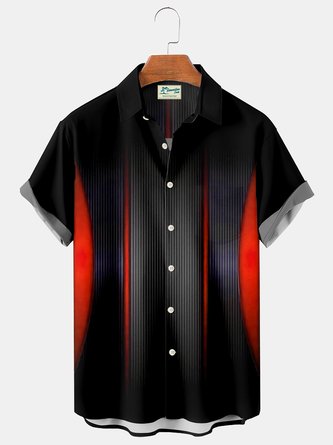 Royaura Geometric Stripe Chest Pocket Short Sleeve Bowling Shirt