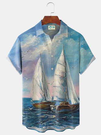 Vintage Sailing Vessel Oil Painting Art Men's Casual Plus Size Shirts