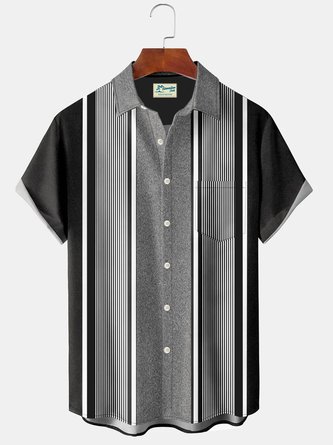 Royaura Geometric Stripe Chest Pocket Short Sleeve Bowling Shirt