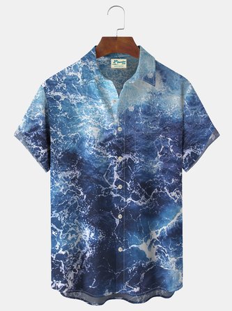 Wave Ocean Print Men's Vacation Hawaiian Big and Tall Aloha Shirt