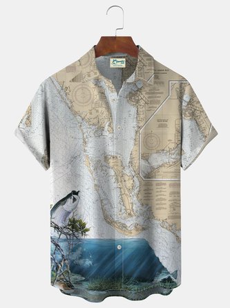 Florida Estero Bay To Lemon Bay Map Print Beach Men's Vacation Hawaiian Big and Tall Aloha Shirt