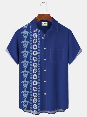 Hawaiian Turtle Hibiscus Flower Men's Bowling Button Pocket Plus Size Shirt