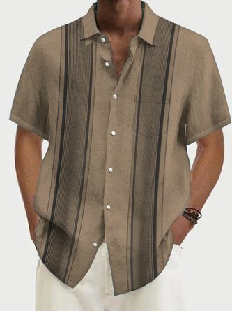 Cotton Linen Men's Striped Hawaiian Short Sleeve Shirt