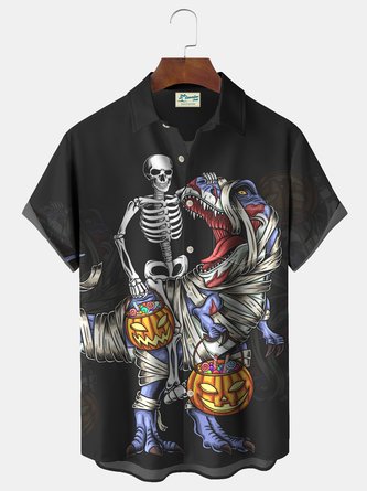 JoyMitty Halloween Dinosaur Skull Pumpkin Print Beach Men's Hawaiian Oversized Pocket Shirt