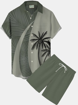 JoyMitty Hawaiian Coconut Tree Print Men's Button Pocket Two-Piece Short Sleeve Shirt And Shorts Set