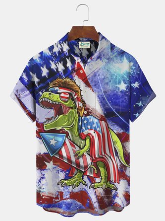 JoyMitty American Flag Dinosaur Print Beach Men's Hawaiian Oversized Short Sleeve Shirt with Pockets