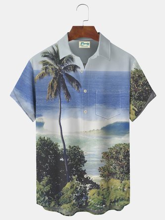 JoyMitty Seaside Coconut Tree Scenery Print Beach Men's Hawaiian Oversized Shirt with Pockets