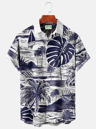JoyMitty Beach Vacation Men's White Hawaiian Shirts Coconut Tree Island Art Stretch Plus Size Aloha Camp Pocket Shirts