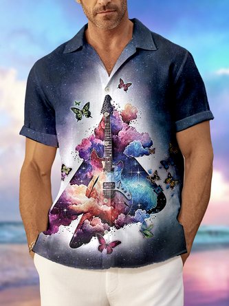 JoyMitty Gradient Guitar Butterfly Print Beach Men's Hawaiian Oversized Shirt