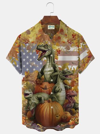JoyMitty Halloween Pumpkin Dinosaur Men's Hawaiian Oversized Shirt with Pockets