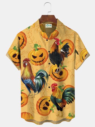 JoyMitty Rooster Halloween Pumpkin Print Beach Men's Hawaiian Oversized Short Sleeve Shirt with Pockets