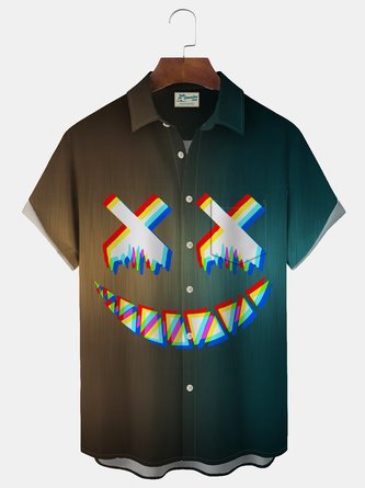 JoyMitty Vintage Gradient Smiley Print Men's Button Down Pocket Short Sleeve Shirt