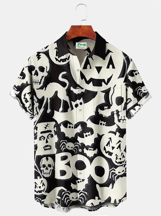 JoyMitty Vintage Halloween Holiday Men's Shirts Cartoon Black Cat Boo Art Stretch Plus Size Aloha Camp Shirts