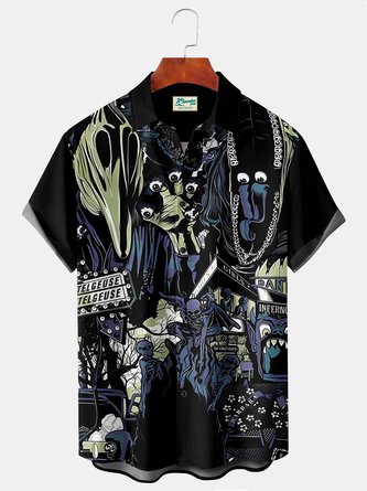 JoyMitty Men's Casual Halloween Camp Shirts Holiday Cartoon Scary Monster Stretch Plus Size Aloha Hawaiian Shirts