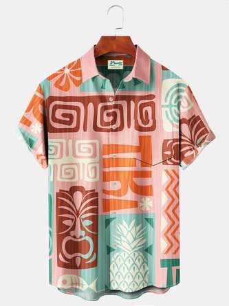 JoyMitty Beach Vacation Tiki Totem Pink Men's Hawaiian Shirts Surfboard Stretch Plus Size Aloha Camp Shirts