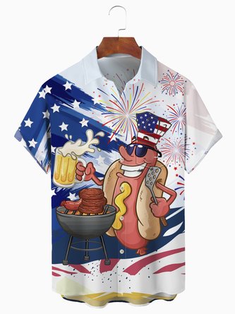 JoyMitty BBQ Sausage Flag Print  Men's Hawaiian Oversized Shirt with Pockets