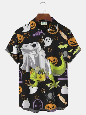 JoyMitty Halloween Dinosaur Print Beach Men's Hawaiian Oversized Short Sleeve Shirt with Pockets