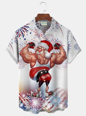JoyMitty Christmas Santa Print Beach Men's Hawaiian Oversized Short Sleeve Shirt with Pockets