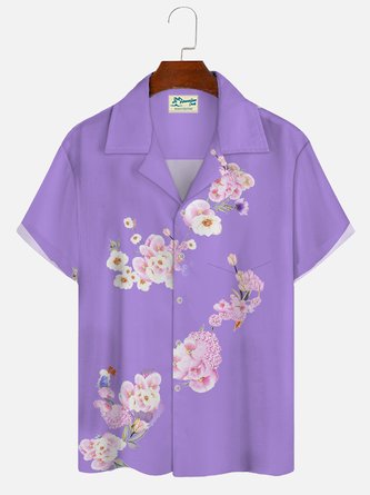 JoyMitty Hawaiian Floral Purple Print Men's Button Pocket Short Sleeve Shirt