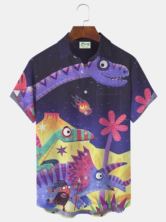 JoyMitty Dinosaur Cartoon Print Beach Men's Hawaiian Oversized Short Sleeve Shirt with Pockets