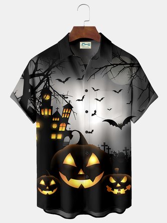 JoyMitty Scary Bat Pumpkin Print Men's Hawaiian Oversized Shirt with Pockets