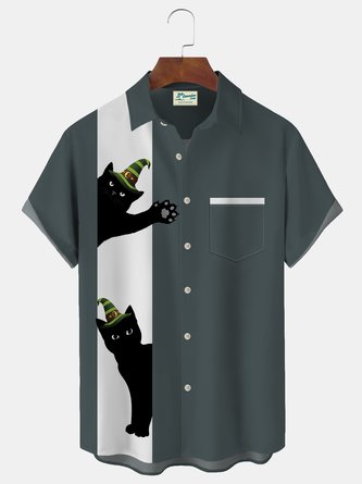 JoyMitty Vintage Bowling Halloween Black Cat Print Beach Men's Hawaiian Oversized Short Sleeve Shirt with Pockets