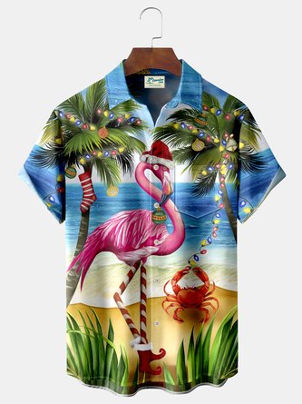 JoyMitty Christmas Lights Flamingo Coconut Tree Print Beach Men's Hawaiian Oversized Shirt with Pockets