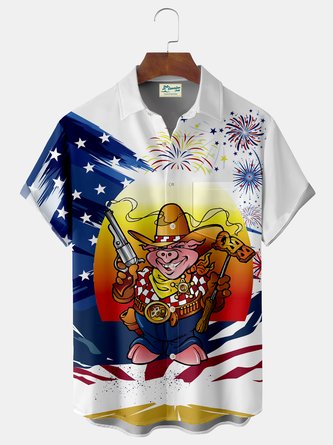 JoyMitty Flag Western Cowboy Bbq Pig Print  Men's Hawaiian Oversized Shirt with Pockets