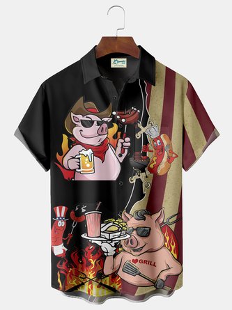 JoyMitty Flag BBQ Pig Print Men's Hawaiian Oversized Shirt with Pockets