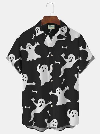 JoyMitty Halloween Ghost Print Men's Button Pocket Short Sleeve Shirt