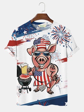 JoyMitty Pig American Flag BBQ Print Beach Men's Hawaiian Oversized Short Sleeve T-Shirt