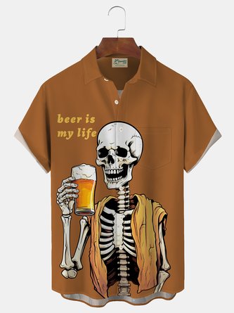 JoyMitty Halloween Skull Beer Print Men's Button Pocket Short Sleeve Shirt