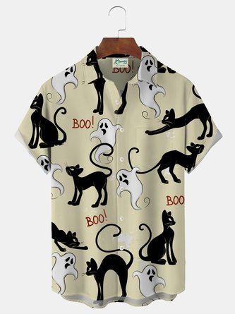 JoyMitty Halloween Cat Ghost Print Men's Button Pocket Short Sleeve Shirt