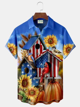 JoyMitty Parrot Pumpkin Print Men's Hawaiian Oversized Shirt with Pockets
