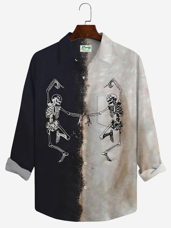 Men's Halloween Skull Print Casual Breathable Long Sleeve Hawaiian Shirt