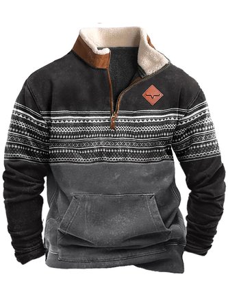 JoyMitty Vintage Ethnic Zipper Men's Outdoor Stand Collar Sweatshirt