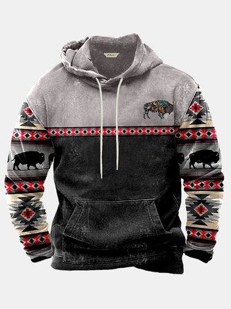 JoyMitty Men's Aztec Native American Bison Print Vintage Drawstring Hoodies