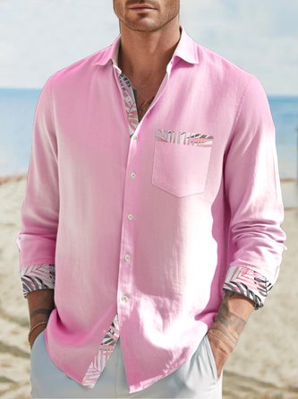 JoyMitty Barbie Pink Plant Leaf Print Men's Button Pocket Long Sleeve Shirt